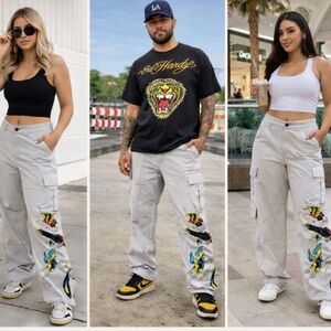Ed Hardy Unisex Light Grey Cargo Pants- Multicolor Side Tattoo Graphics NWT-L